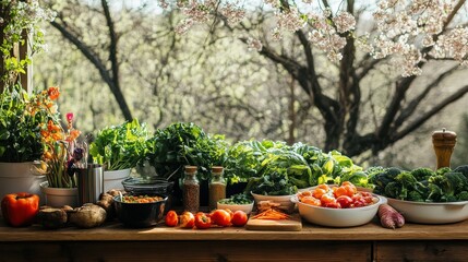 Cooking demonstration on preparing detox dishes with fresh vegetables and herbs in a sunny outdoor kitchen