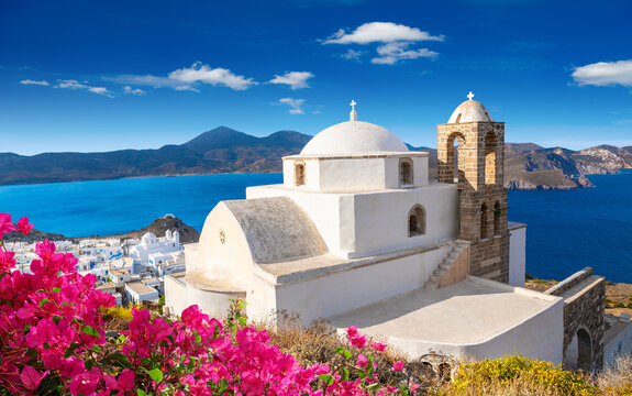 Panagia Thalassitra church view in the Plaka castle, Milos island, Greece