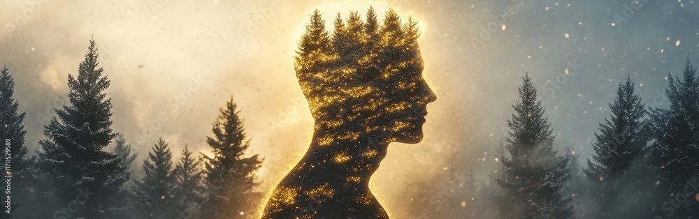 Aufkleber conceptual silhouette of a man surrounded by trees and lights in a forest setting at dusk