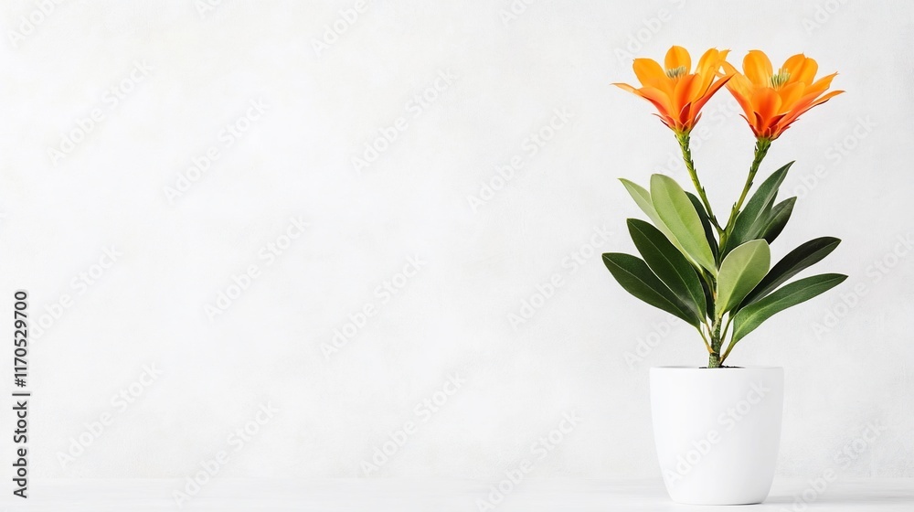 Wall mural Two orange flowers in a white pot against a white background.