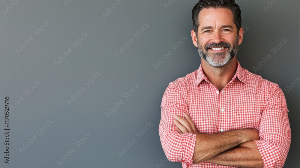 Poster professional portrait of a smiling middle-aged man posing confidently against a neutral background i