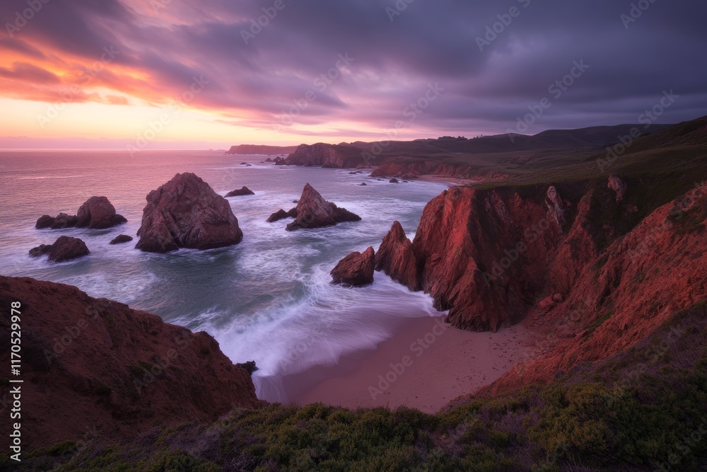 Poster morning light casts a soft glow on a rugged ocean shoreline, where waves crash against jagged rocks,