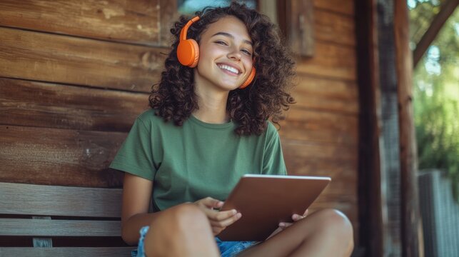 Young woman enjoys music on a sunny day while sitting on a porch with a tablet and headphones