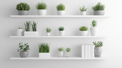 Scandinavian-inspired bedroom featuring a clean white aesthetic and lush greenery on minimalist shelves