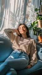 Obraz premium Young woman enjoys sunlight in minimalist living room filled with plants and bright curtains