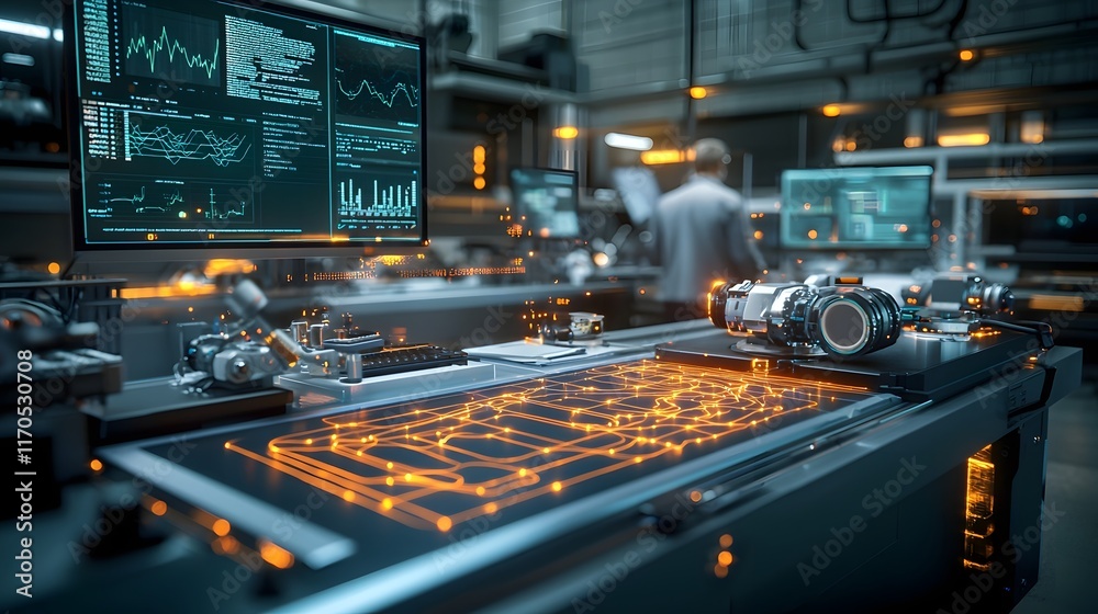 Poster Quantum Computing Simulation Visualizing Electric Fields and Currents in a Lab Environment with Glowing Field Lines and Interactive Data Overlays