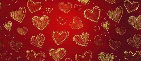 Happy Valentine's Day background with golden hand-drawn line art letters on a red banner. modern concept for a Happy Valentine's Day poster or greeting card template design