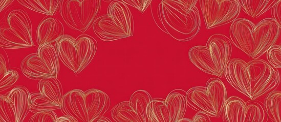 Obraz premium Happy Valentine's Day background with golden hand-drawn line art letters on a red banner. modern concept for a Happy Valentine's Day poster or greeting card template design