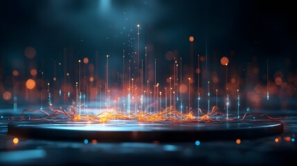 Futuristic display of quantum algorithms calculating electric power consumption with dynamic 3D current paths and copy space at the bottom right