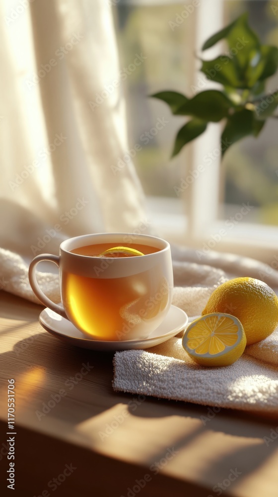 Poster close-up of a warm mug of tea with lemon resting on a wooden table in a sunlit room