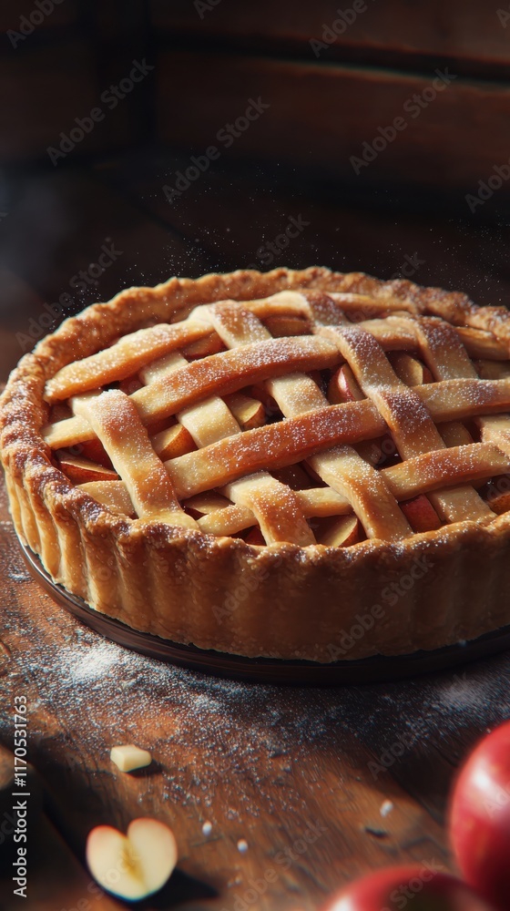 Poster close-up of a freshly baked apple pie with a golden crust and sweet aroma in a rustic kitchen settin