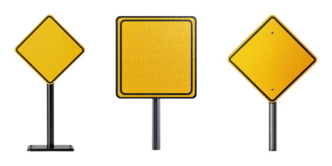 Set of blank yellow traffic signs on poles