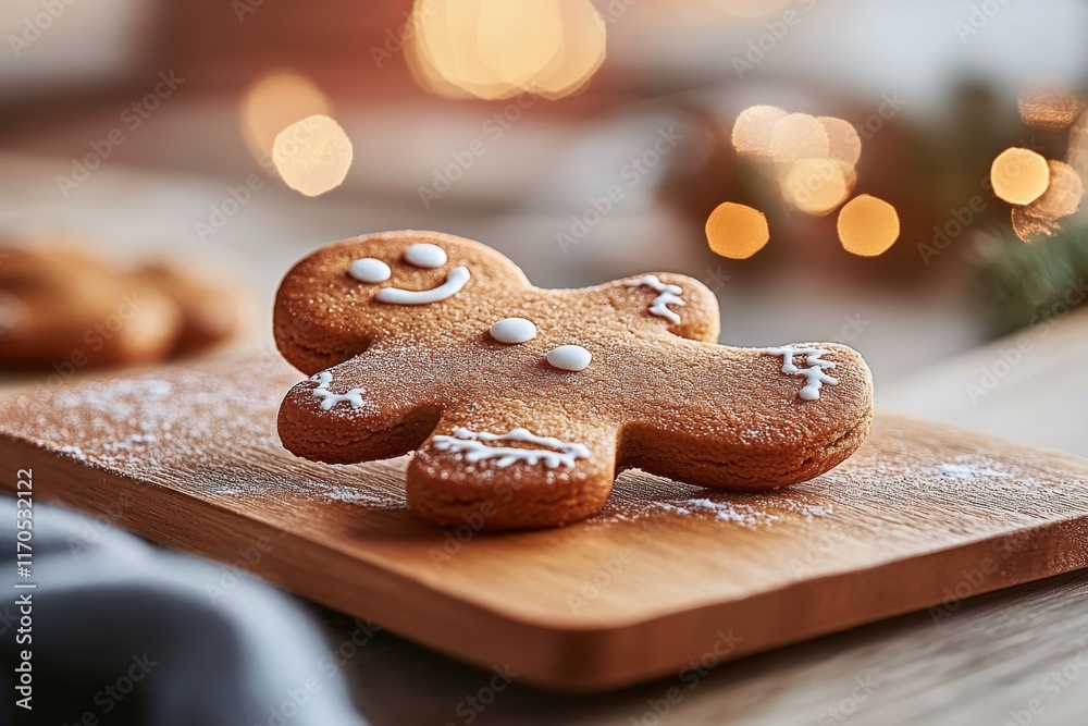 Aufkleber Close-up view of a gingerbread man cookie decorated with icing on a rustic wooden surface, lightly dusted with powdered sugar and warm ambient light