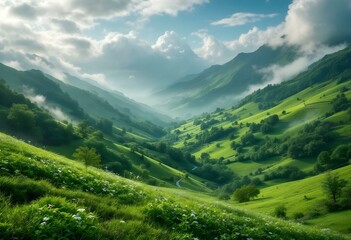 Obraz premium Serene Green Valley Misty Mountain Landscape Scenic View