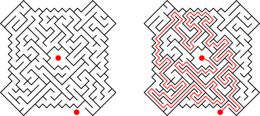Vector maze. Find the way out from center of labyrinth. Medium level difficulty puzzle for childrens and adults.