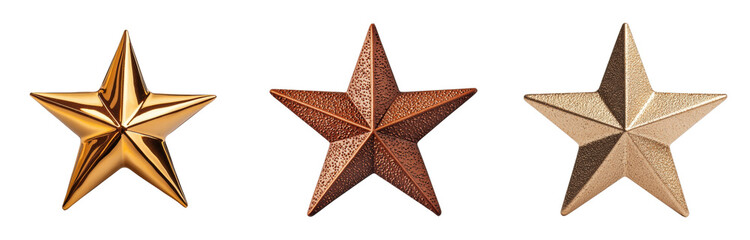 Obraz premium Trio of metallic star decorations in gold, copper, and bronze