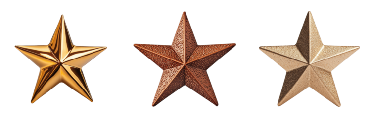 Trio of metallic star decorations in gold, copper, and bronze
