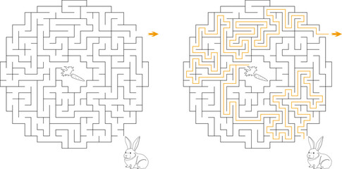 Help bunny pass through circular maze to find carrot. Feed the hungry pet labyrinth. Medium difficulty riddle for kids and parents with solution