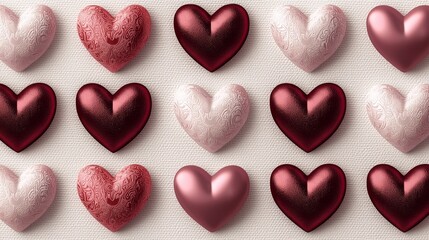 Obraz premium Delicate seamless pattern of various heart sizes in shades of red and pink on a subtle textured background, ideal for holiday or wedding concepts