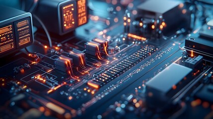 Fototapeta premium A futuristic setup where quantum algorithms analyze electrical resistance and conductance in complex circuits with glowing data panels and pulsing energy lines