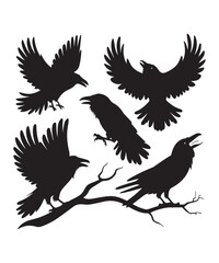 Raven Silhouettes in Black: Flying, Perched, and Calling with a Gothic Aesthetic