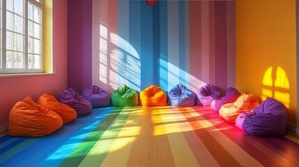 A vibrant rainbow-themed playroom with soft tiles and beanbags, perfect for children's photography and play setups.