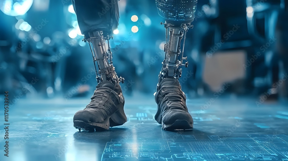Poster a futuristic design process where quantum computers simulate real time adjustments for prosthetic le