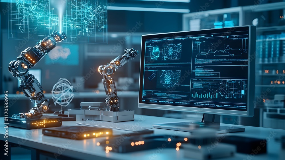 Poster a futuristic high tech laboratory featuring quantum computing technology that is optimizing sensory 
