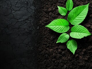 ESG environment waste awareness Concept. A vibrant green plant emerges from dark, rich soil, symbolizing growth and resilience against a textured, cracked background.
