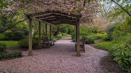 Serene Garden Path with Blossoming Trees and Benches