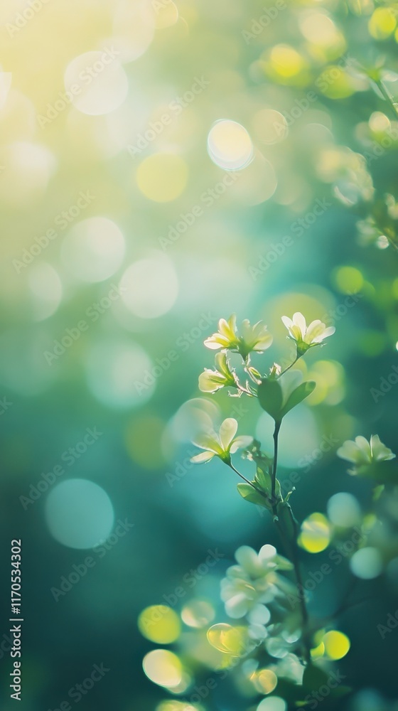 Poster soft bokeh gradients highlight delicate flowers in a serene natural setting during golden hour