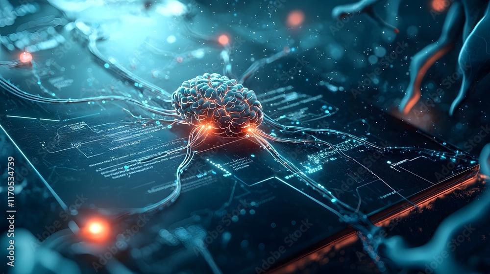 Poster a futuristic neural interface displaying quantum algorithms that optimize brain prosthetic communica