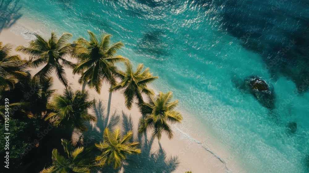 Poster tropical island view with turquoise waters and palm trees in a serene coastal setting during a sunny