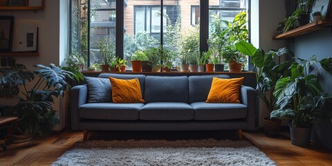Obraz premium A chic contemporary living room with a stylish sofa, vibrant cushions, and green plants, creating a cozy and inviting space.