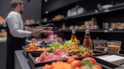 Obraz premium Gourmet Buffet Food Display Delicious Meat Salads and Appetizers