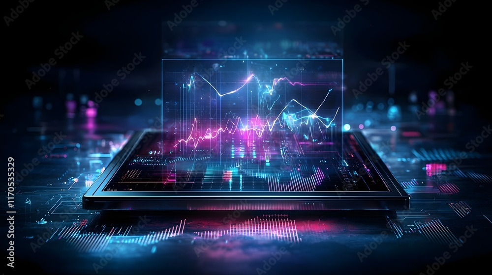 Poster holographic quantum computer projecting vibrant trigonometric waveforms with dynamic animations of a