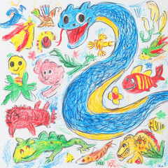 Obraz premium Colorful drawing featuring blue snake surrounded by various playful animals, including fish, insects, and other whimsical creatures, showcasing vibrant and imaginative scene
