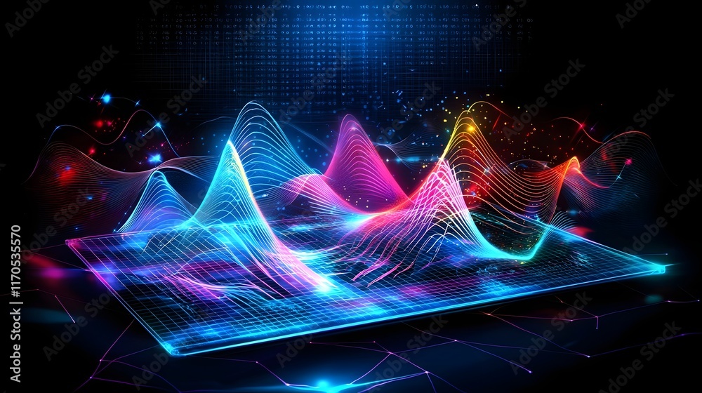 Poster a holographic quantum computer projecting vibrant animations of trigonometric waveforms including am