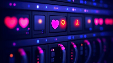 Obraz premium Futuristic Server Rack with Illuminated Heart and Data Icons Abstract Digital Love Concept