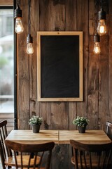 A cozy cafe corner with a blank chalkboard frame on a warm-toned wooden wall, illuminated by hanging lightbulbs