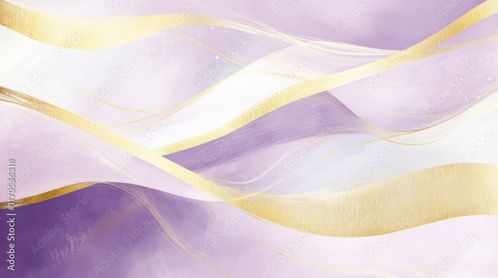 Poster minimalist pencil strokes background with elegant purple and gold waves creating a soothing artistic