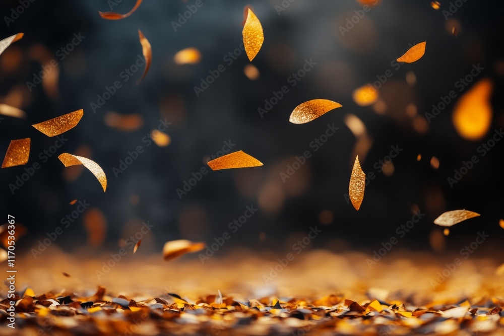 Fototapete gold confetti and small yellow particles float mid-air, creating a dynamic and elegant atmosphere pe