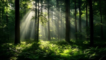Sunbeams through a lush green forest with ferns covering the forest floor