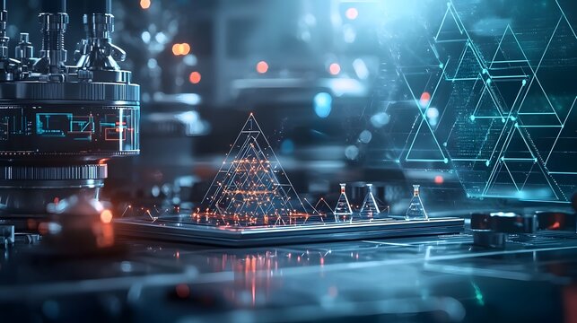 Virtual laboratory leveraging quantum algorithms to efficiently solve intricate trigonometric equations surrounded by a dynamic display of animated holographic triangles and angular measurements