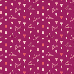 Seamless pattern of hand drawn love words and hearts on isolated background. Design for Valentine’s Day, Wedding, Mother’s day celebration, greeting cards, invitations, scrapbooking, home decoration.