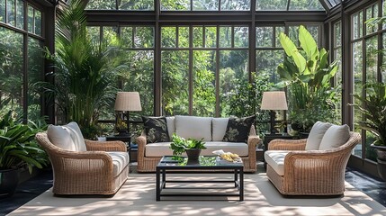 Fototapeta premium Relaxing Sunroom with Wicker Furniture and Lush Greenery