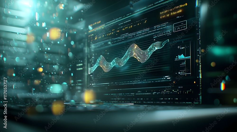 Poster quantum computing trigonometric visualizations with holographic sine waves and light reflections fut