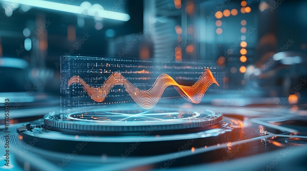 Poster quantum computing displaying trigonometric applications in wave mechanics with holographic sine wave