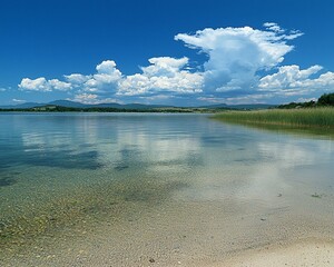 Serene lake with clear water, sandy shore, and fluffy clouds reflecting on the calm surface under a blue sky.