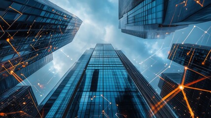 A stunning upward view of modern skyscrapers with a blue sky and digital network lines, symbolizing technology and urban architecture.